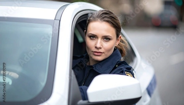 Obraz A focused female officer, wearing a dark blue uniform, sits behind the wheel of a car with the door open, looking directly at the viewer