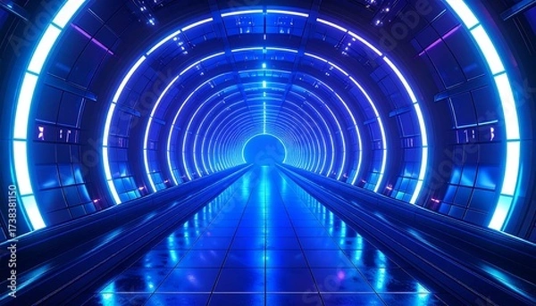 Obraz A futuristic, glowing tunnel with neon blue and purple lights leading to a bright circular portal at the end. Reflective floor