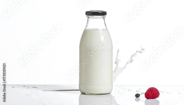 Obraz A glass bottle of milk sits next to a splash of liquid and a ripe raspberry with blueberries against a bright white backdrop