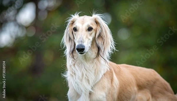 Obraz A graceful dog, likely a Saluki, gazes attentively with soft brown eyes. Its elegant, long coat frames its face, set against a blurred, green background
