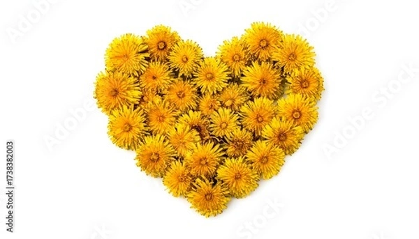 Obraz A heart shape composed of vibrant yellow dandelions, isolated against a bright white background. The floral arrangement is centered