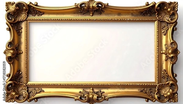 Obraz A highly-detailed golden picture frame, ornate and elaborate, with a blank white center. Intricate carvings add to its luxury