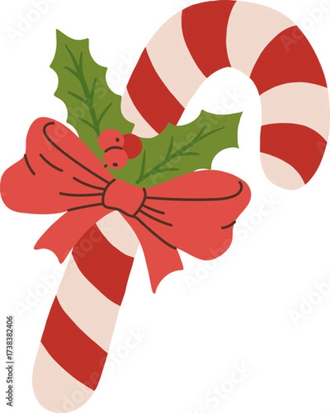 Obraz Cartoon Christmas candy cane with ribbon bow vector illustration. Vintage Xmas sweets in hand draw style