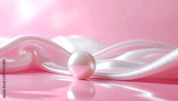 Obraz A luminescent, lustrous pearl rests gracefully on flowing satin, its reflection mirrored on a polished surface, all bathed in soft, rosy hues