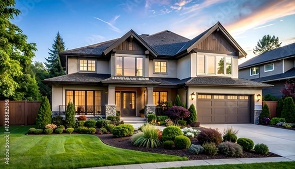 Obraz A luxurious two-story residence, showcasing a manicured lawn, vibrant landscaping, and a welcoming facade, reflecting the sunset