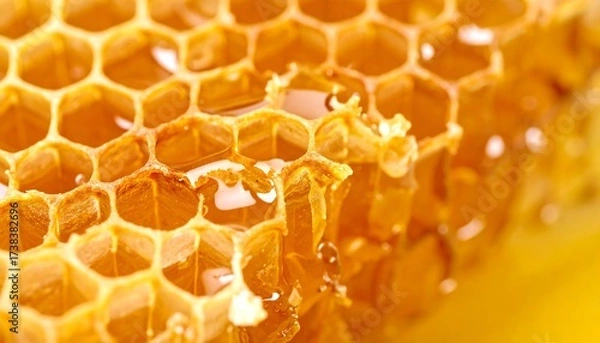 Obraz A macro shot showing a close-up of a honeycomb dripping with viscous, golden honey. The hexagonal cells are filled, offering a glimpse of the sweet nectar