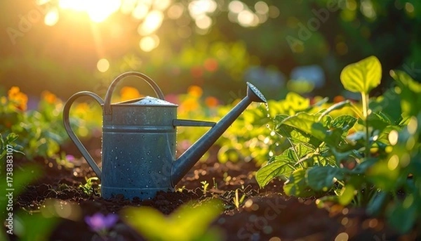 Obraz A metal watering can sits amidst a vibrant garden, bathed in golden sunlight filtering through lush greenery. Water droplets fall