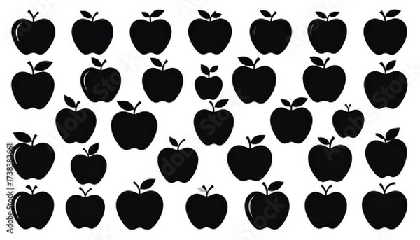 Obraz A monochromatic pattern of apple silhouettes on a white background. Diverse sizes and arrangements compose the layout