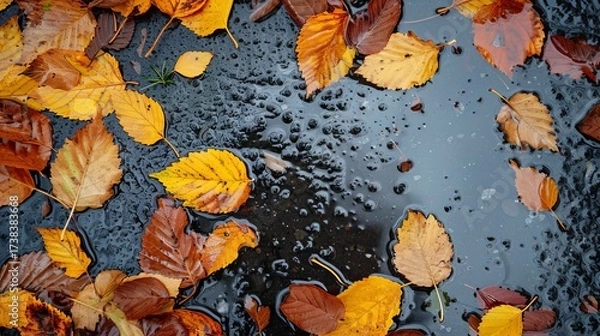 Fototapeta autumn leaves on wet asphalt.