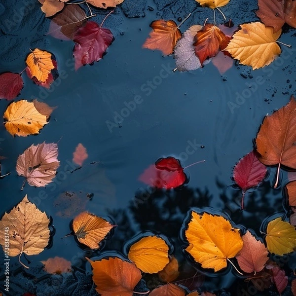 Fototapeta autumn leaves on wet asphalt.