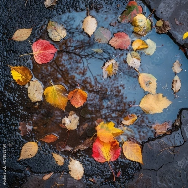 Fototapeta autumn leaves on wet asphalt.