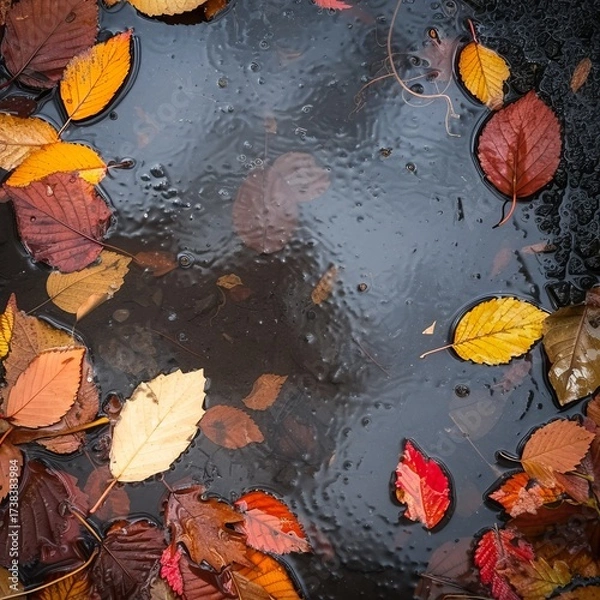 Fototapeta autumn leaves on wet asphalt.