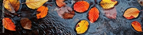 Fototapeta autumn leaves on wet asphalt.