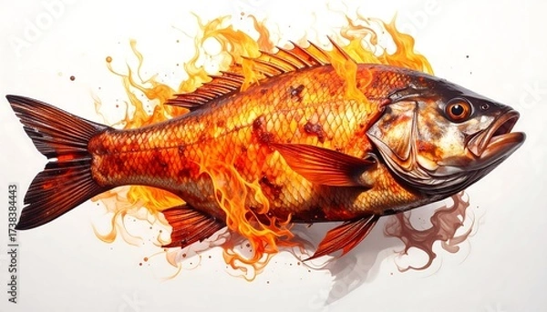 Obraz A photorealistic depiction of a fish engulfed in flames, set against a clean white background. The fire has an orange and red hue, adding dynamic movement