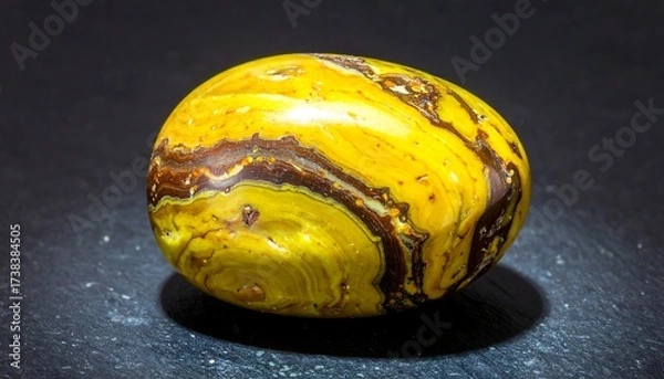 Obraz A polished, oval-shaped stone with vibrant yellow and brown banding, resting on a dark, textured surface. Detailed mineral patterns