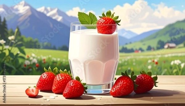 Obraz A refreshing glass of white drink with strawberries on a rustic wooden table set in a sunlit field with mountains