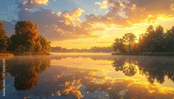 Obraz A serene landscape captures a lake reflecting the vibrant colors of a sunset with trees along the shoreline