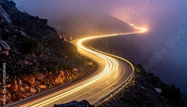 Obraz A serpentine mountain road at dusk, illuminated by car lights creating streaks of light through the fog. The scene is moody, with a soft glow