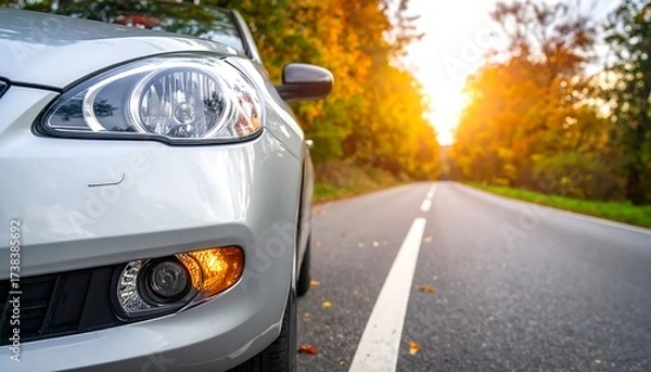 Obraz A shiny, silver vehicle's headlight shines with a blaring orange indicator. It is parked by an open road bordered by autumn leaves