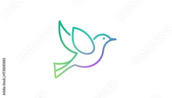 Obraz A simple, minimalist illustration of a bird in flight, outlined with a gradient of green to purple hues, against a white backdrop
