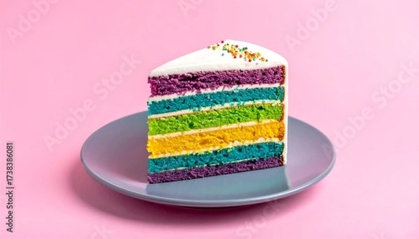 Obraz A slice of rainbow-colored cake sits atop a gray plate against a bright pink background. Sprinkles decorate the white frosting