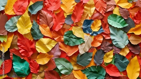 Fototapeta autumn leaves on wet colored paper.
