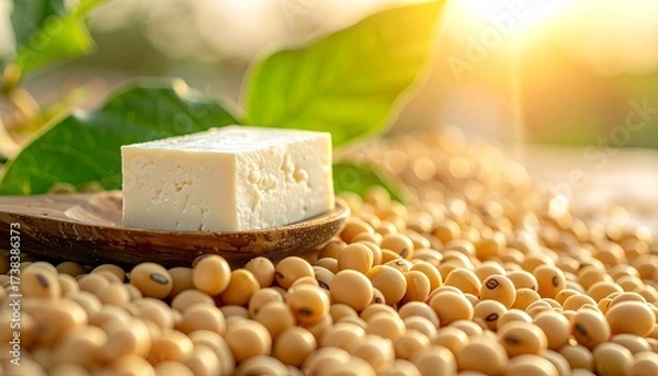 Obraz A square, white block of food rests on a wooden spoon, nestled amidst golden grains. Green leaves & sunlight create a natural composition