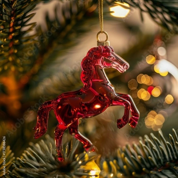 Fototapeta a red horse on a Christmas tree.