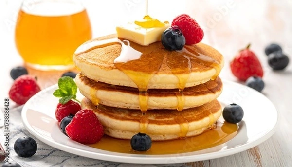 Obraz A stack of fluffy pancakes with melting butter, drizzled with syrup, and topped with berries. A glass of syrup sits behind