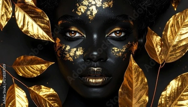 Obraz A stunning portrait of a dark-skinned woman, adorned with gold accents on her face, lips, and in the surrounding leaves, creating a captivating contrast