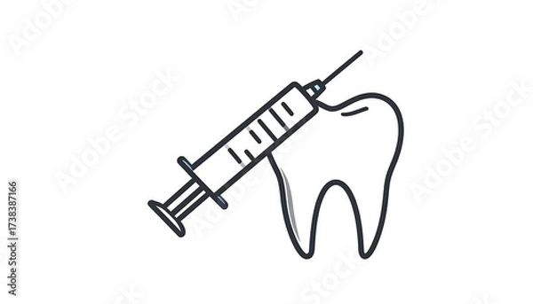 Obraz A stylized illustration depicts a tooth being injected by a syringe, rendered in a minimalist, black and white outline style