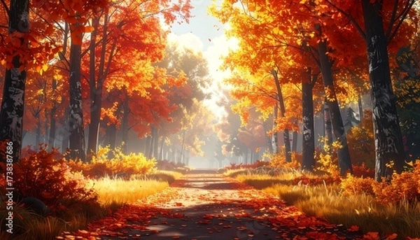Obraz A sun-drenched path winds through a forest, ablaze with the fiery hues of autumn leaves. Trees frame the path, creating a vibrant, warm scene