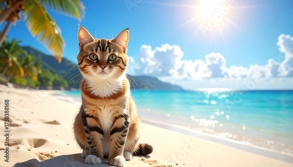 Obraz A tabby cat enjoys a sunny day on a tropical beach with turquoise water, sand, and palm trees under the bright sun