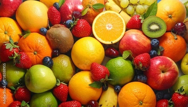 Obraz A vibrant, colorful assortment of fresh fruits, including oranges, strawberries, kiwi, apples, grapes, and blueberries, displayed together