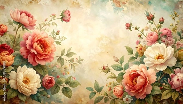 Obraz A vibrant digital painting of lush blooming florals with soft hues. Various blossoms fill the edges of the artwork, creating a beautiful scene