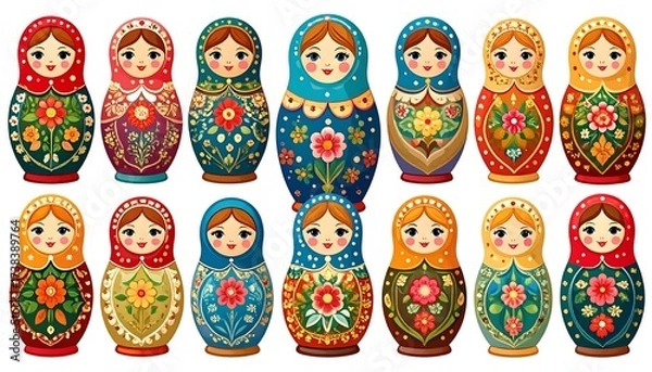 Obraz A vibrant illustration of two rows of decorative Russian Matryoshka dolls, showcasing colorful designs and patterns