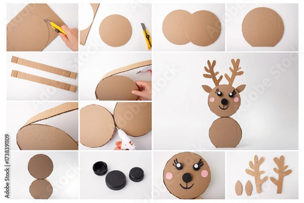 Fototapeta Cardboard reindeer craft project step by step. Collage with cut round cardboard shapes, knife, plastic caps for eyes and nose, antler and ear cutouts, assembled. Christmas and winter holiday concept.
