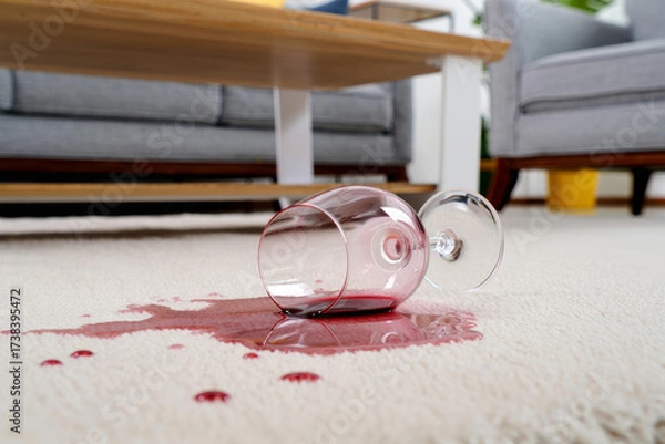 Fototapeta A glass of red wine tips over, spilling liquid across the surface, creating a household accident with dramatic splashing motion.