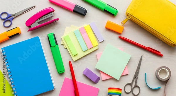 Fototapeta Overhead shot of a vibrant and organized desk with stationery items such as notebooks, pens, scissors, and highlighters arranged in a flat lay, creating a colorful and creative workspace