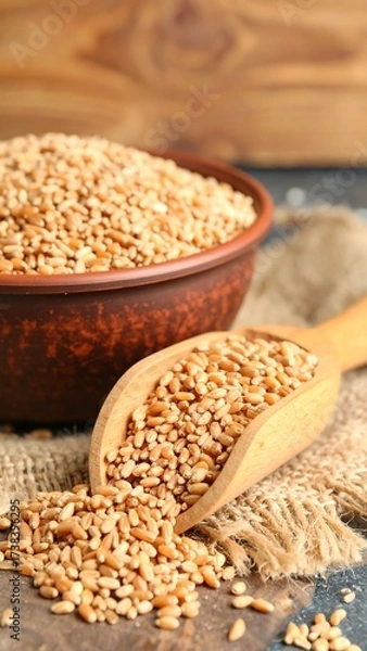 Fototapeta Wheat grains in a bowl and scoop