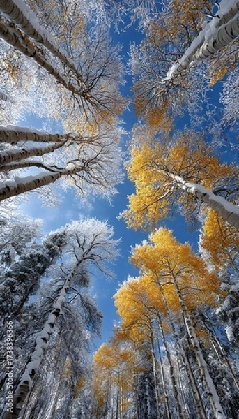 Fototapeta Dramatic Low Angle View of Golden Aspen Trees and Snow Covered Branches Against a Vivid Blue Sky Representing Seasonal Change

