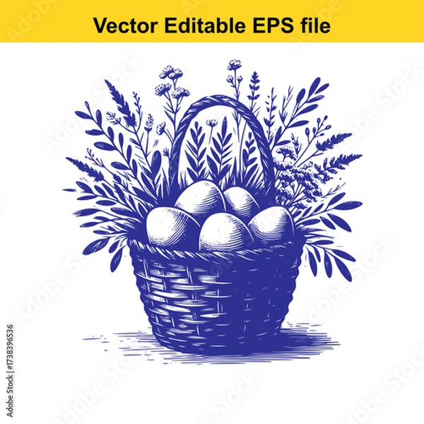 Fototapeta Vector art of handdrawn illustration of a wicker basket filled with eggs and wildflowers