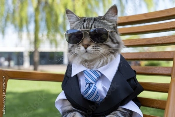Fototapeta Cat in stylish sunglasses, a sleek tie, and a sharp business suit, confidently posing with a charming, professional demeanor against a neutral background.
