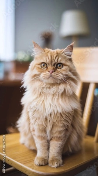 Fototapeta A full-body portrait of a cat sitting upright, gazing directly at the camera with an alert expression, capturing its curious and calm demeanor.