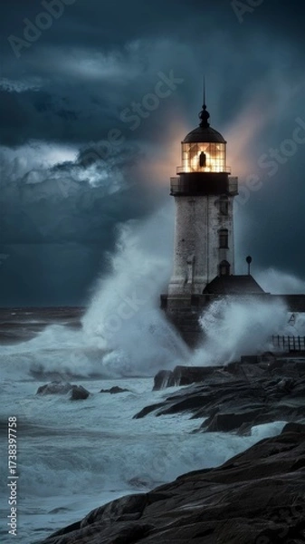 Fototapeta Lighthouse perched on rugged rocks, illuminated against the dark night, casting a guiding light over the sea.