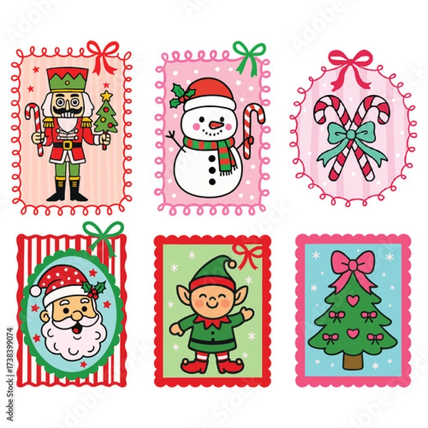Fototapeta Christmas themed stickers with nutcracker, snowman, candy canes, Santa, elf and tree.