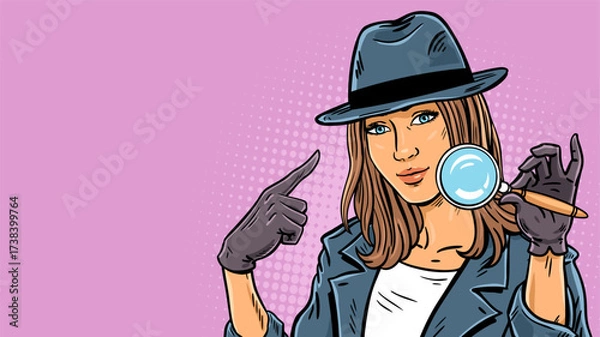 Obraz Confident female detective pointing to herself 16:9 pop art banner