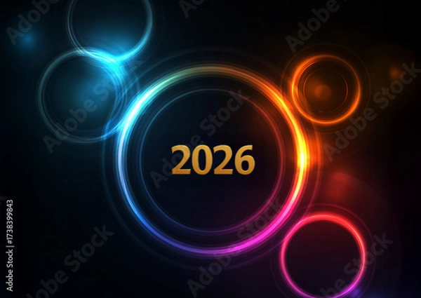 Fototapeta 
Dark gradient background with glowing rings around "2026."