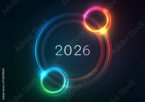 Fototapeta 
Dark gradient background with glowing rings around "2026."