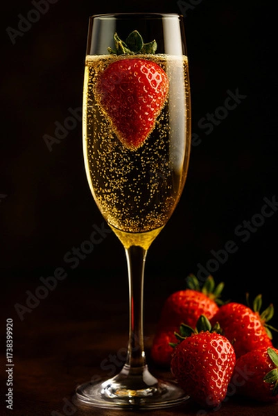 Obraz A glass of champagne with a strawberry on a dark background